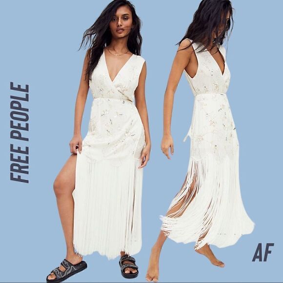 FREE PEOPLE MODERN MUSE FLAPPER GYPSY FRINGE DRESS IVORY NWT SMALL - Picture 1 of 11